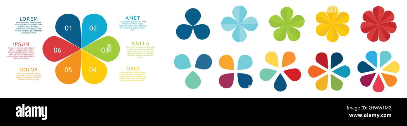 Clover come elementi infografici, versione a colori con da tre a sette petali Illustrazione Vettoriale