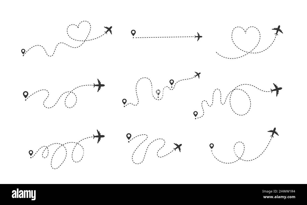 Tracciato linee tratteggiate in aereo con punto iniziale e vettore traccia linea tratteggiata impostato Illustrazione Vettoriale