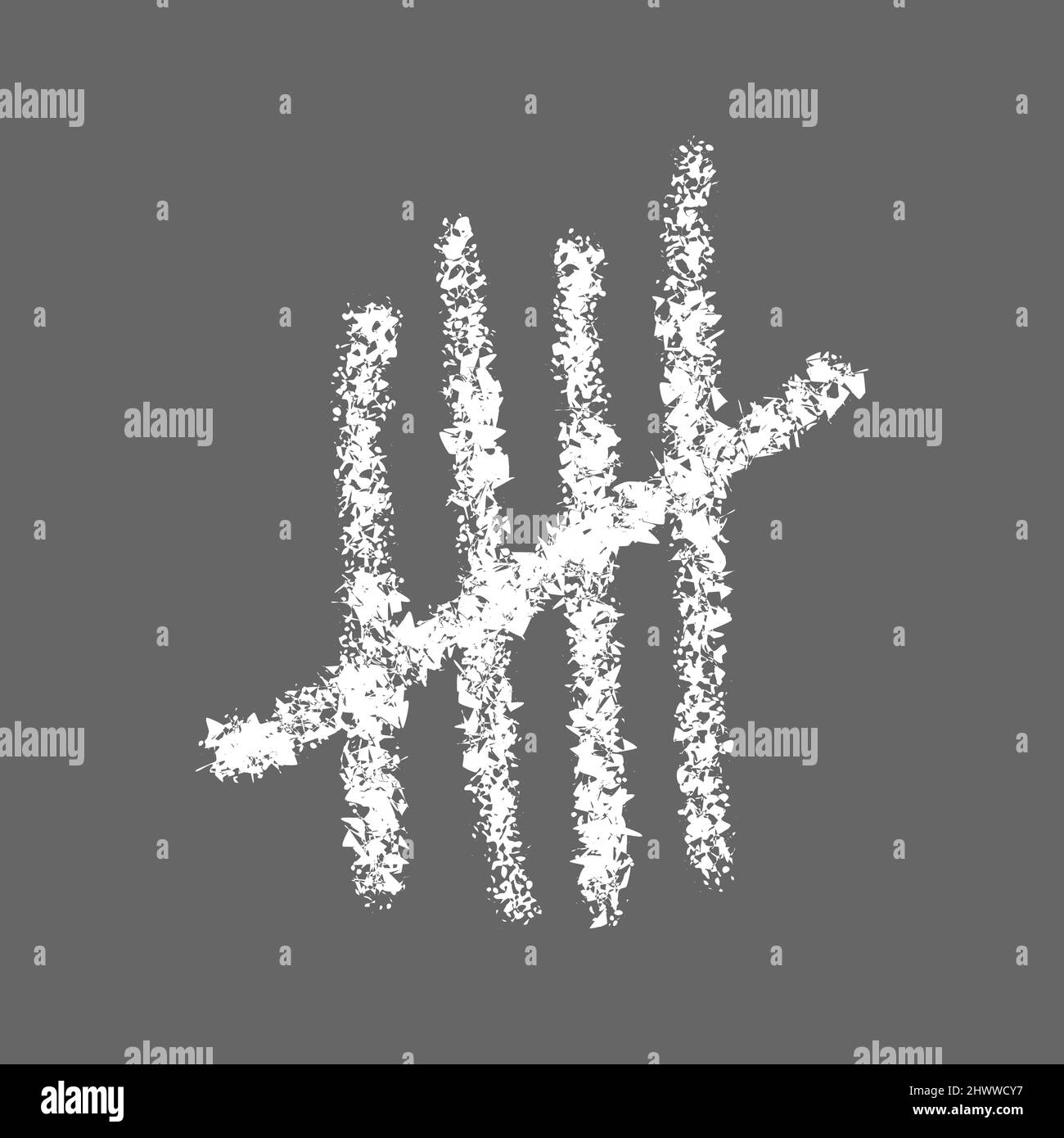 Segno di tally tracciato da gesso su sfondo grigio. Bastoncini bianchi disegnati a mano ordinati da quattro e incrociati da una linea di barra. Strisce di conteggio sulla lavagna. Segnale di sistema numerico unario. Illustrazione vettoriale Illustrazione Vettoriale
