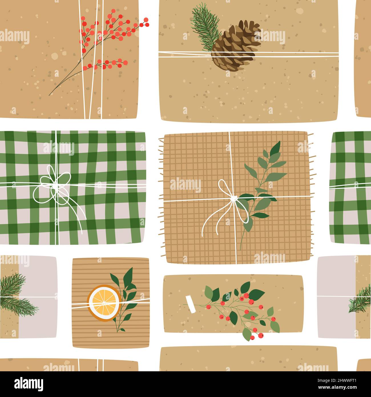 Allegro Natale senza cuciture modello illustrazione di scatola regalo riciclata in stile cartoon piatto. Eco friendly presenti sfondo per vacanza o compleanno conc Illustrazione Vettoriale