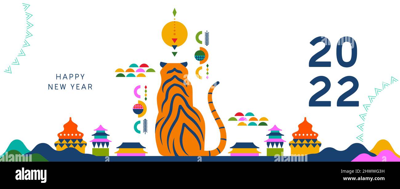 Happy Chinese Capodanno 2022 biglietto d'auguri illustrazione di moderno paesaggio asiatico colorato con animale tigre. Disegno astratto di stile di forma geometrica per Illustrazione Vettoriale
