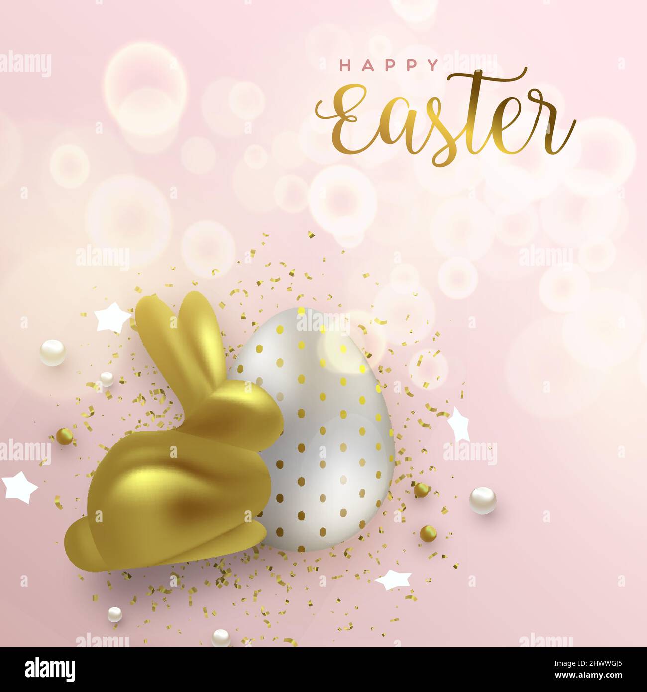 Felice Pasqua di lusso biglietto di auguri illustrazione. Realistico coniglio d'oro 3D con uovo per la festa tradizionale primavera evento festivo. Illustrazione Vettoriale