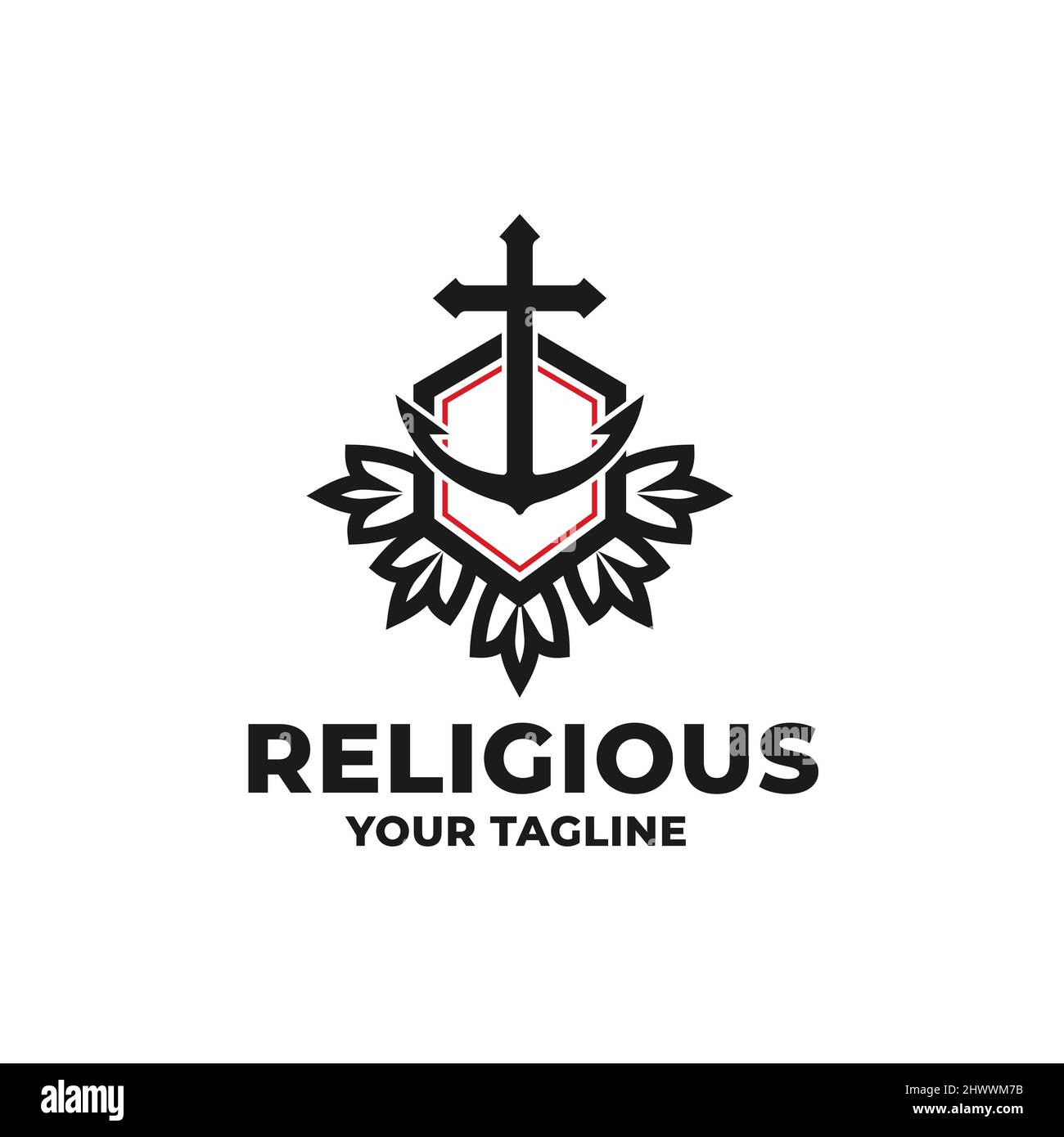 Logo di ancoraggio e scudo, simbolo della chiesa, croce, fiore, modello, illustrazione di disegno religiosa Illustrazione Vettoriale