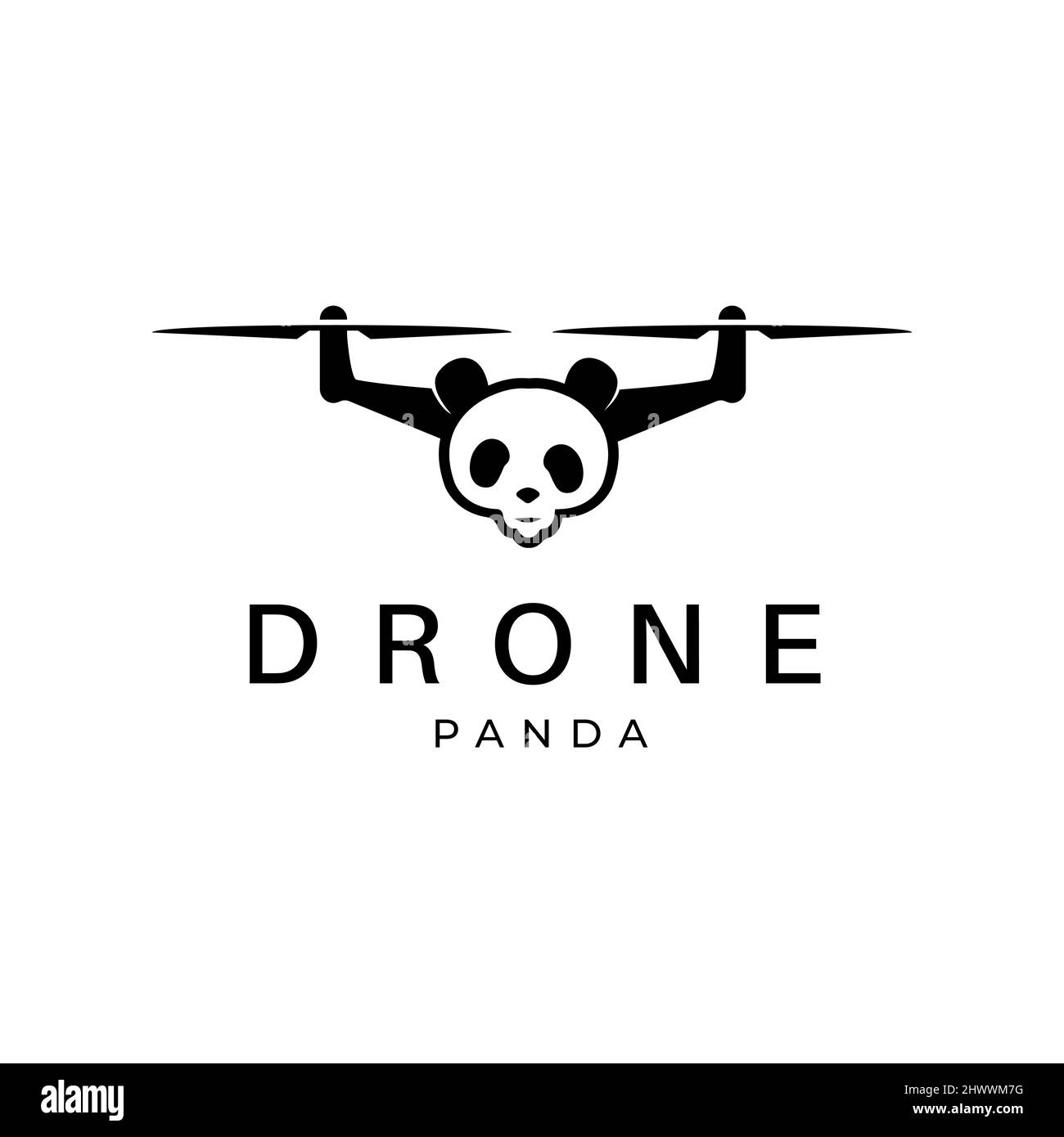 Disegno del logo del drone modello vettoriale immagine della testa del panda Illustrazione Vettoriale
