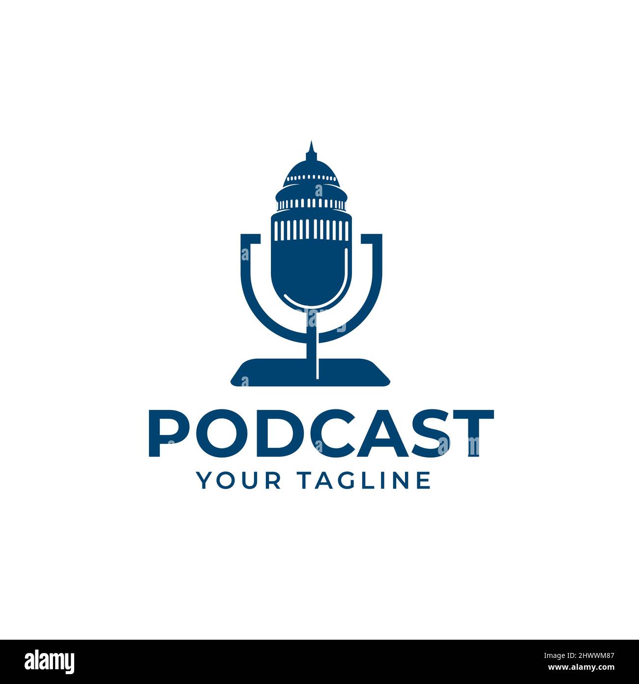 Logo del podcast Stati Uniti Capitol edificio icona a Washington DC, podcast microfono che forma una città figura silhouette Illustrazione Vettoriale