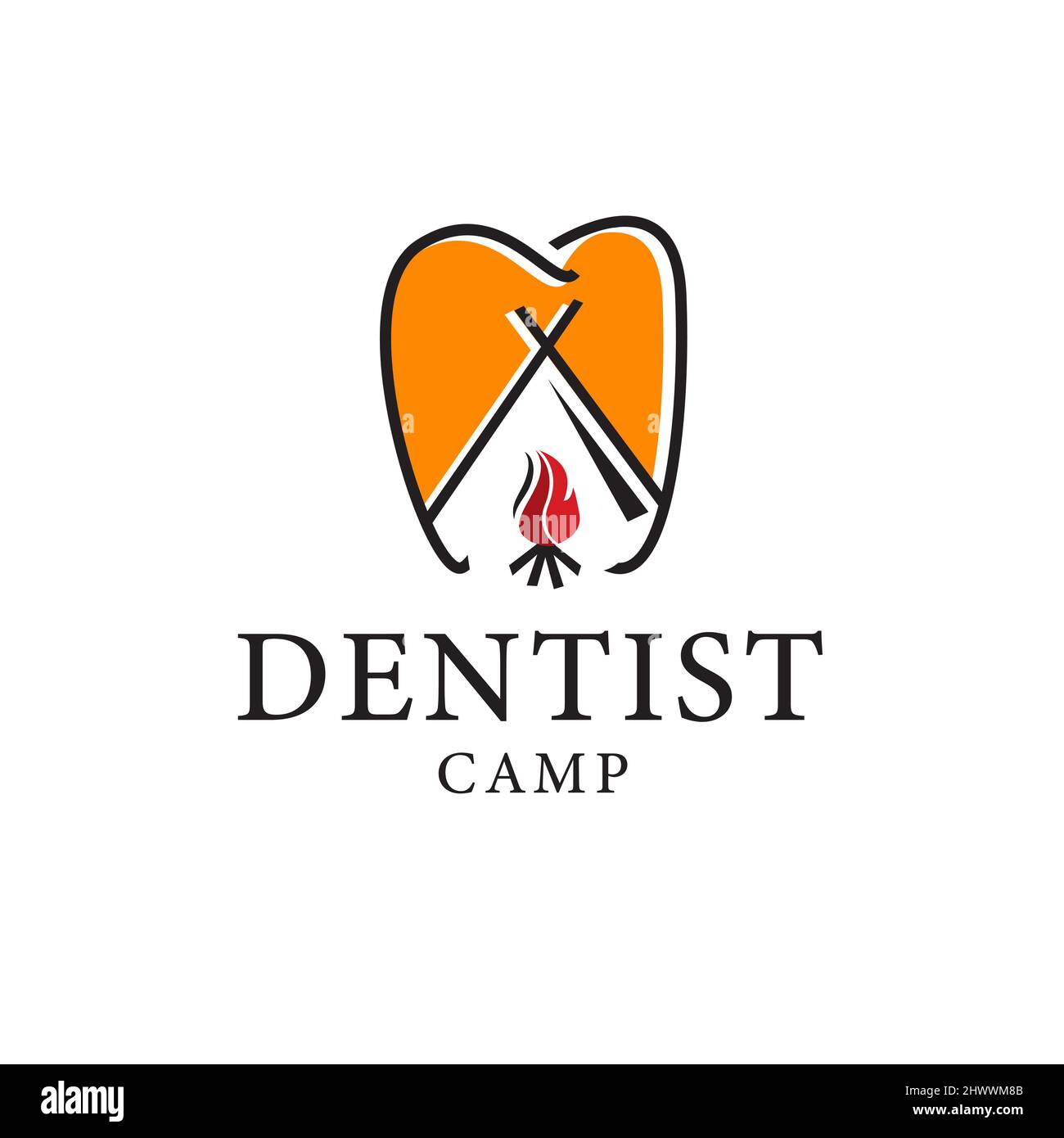 Logo illustrazione dentista camping, falò, linea sottile semplice Illustrazione Vettoriale