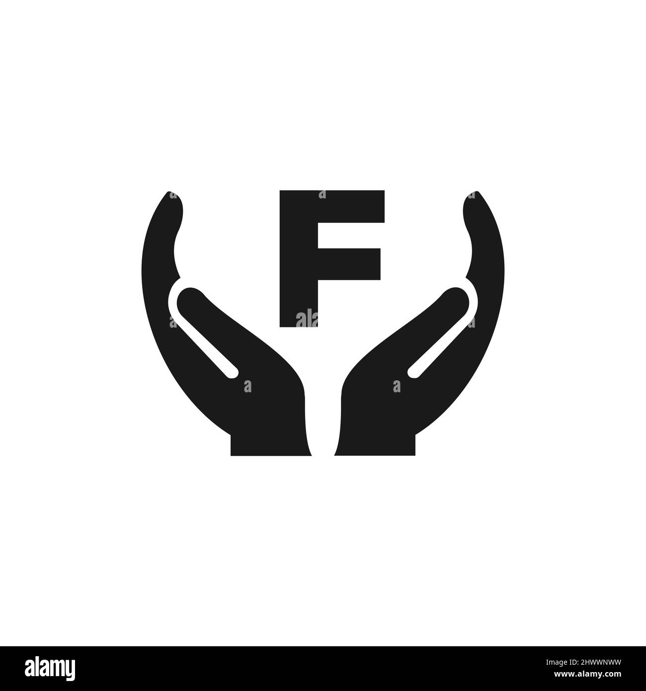 Lettera F che dà il disegno del marchio della mano. Disegno del logo della mano sul modello vettoriale lettera F. Illustrazione Vettoriale