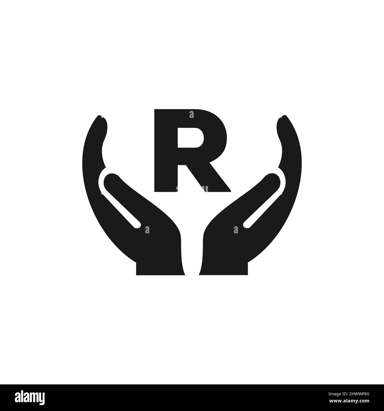 Lettera R che dà il disegno del marchio della mano. Disegno del logo della mano su modello vettoriale lettera R. Illustrazione Vettoriale