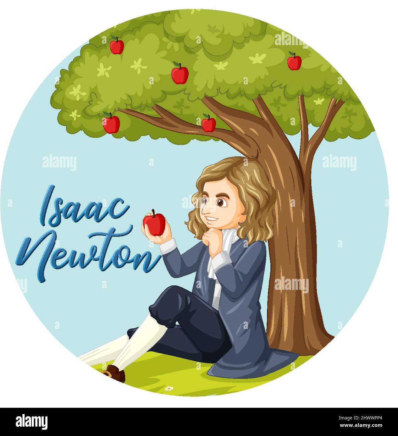 Isaac Newton seduto sotto l'illustrazione dell'albero della mela Illustrazione Vettoriale
