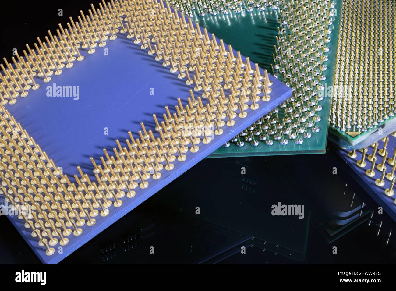 Più generazioni di CPU di computer in primo piano mostrando i pin dorati Foto Stock