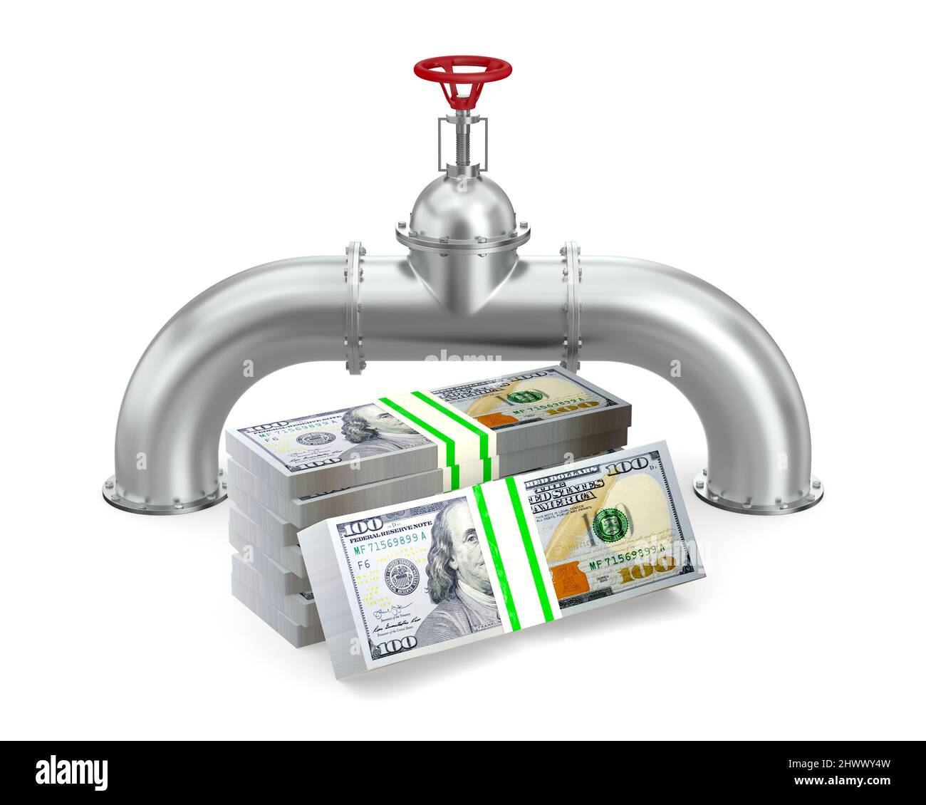 pipeline e denaro su sfondo bianco. Illustrazione 3D isolata Foto Stock