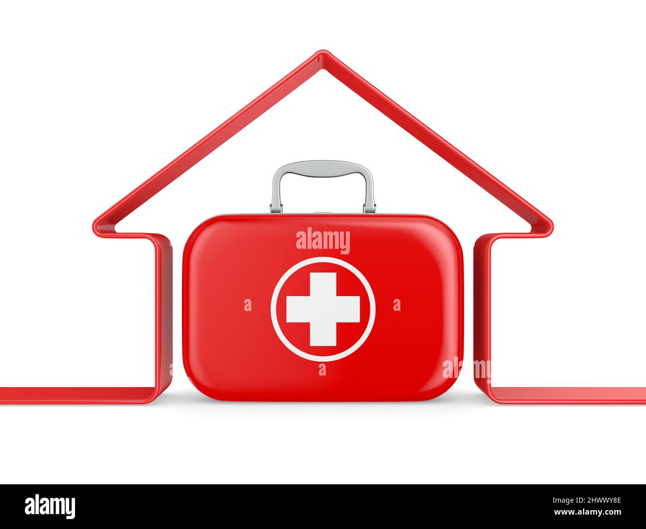 kit di pronto soccorso e casa su sfondo bianco. Illustrazione 3D isolata Foto Stock