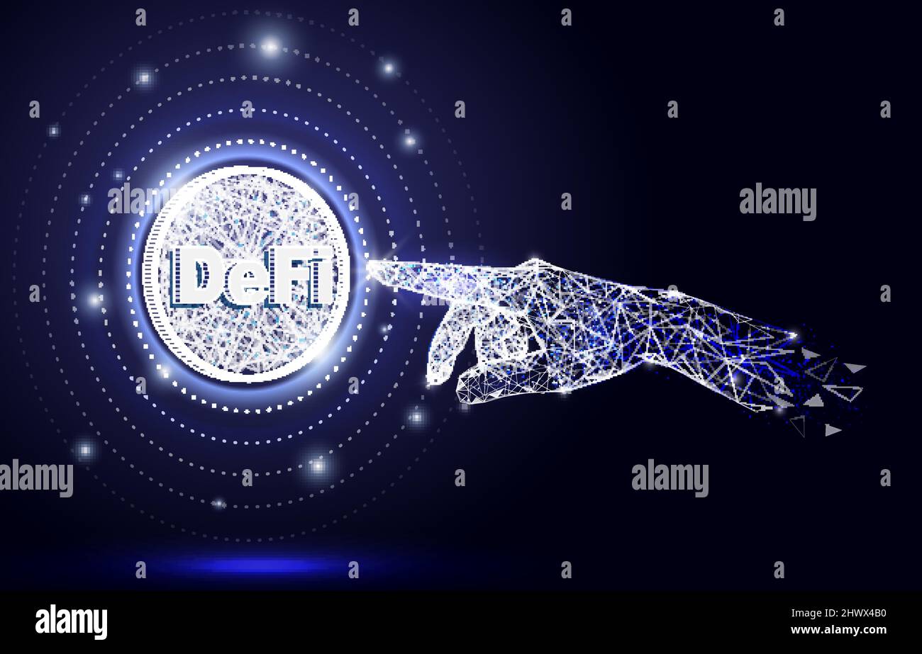 Illustrazione dello stile artistico vettoriale poligonale a sfioramento. Finanza decentralizzata, criptovaluta, tecnologia blockchain. Illustrazione Vettoriale