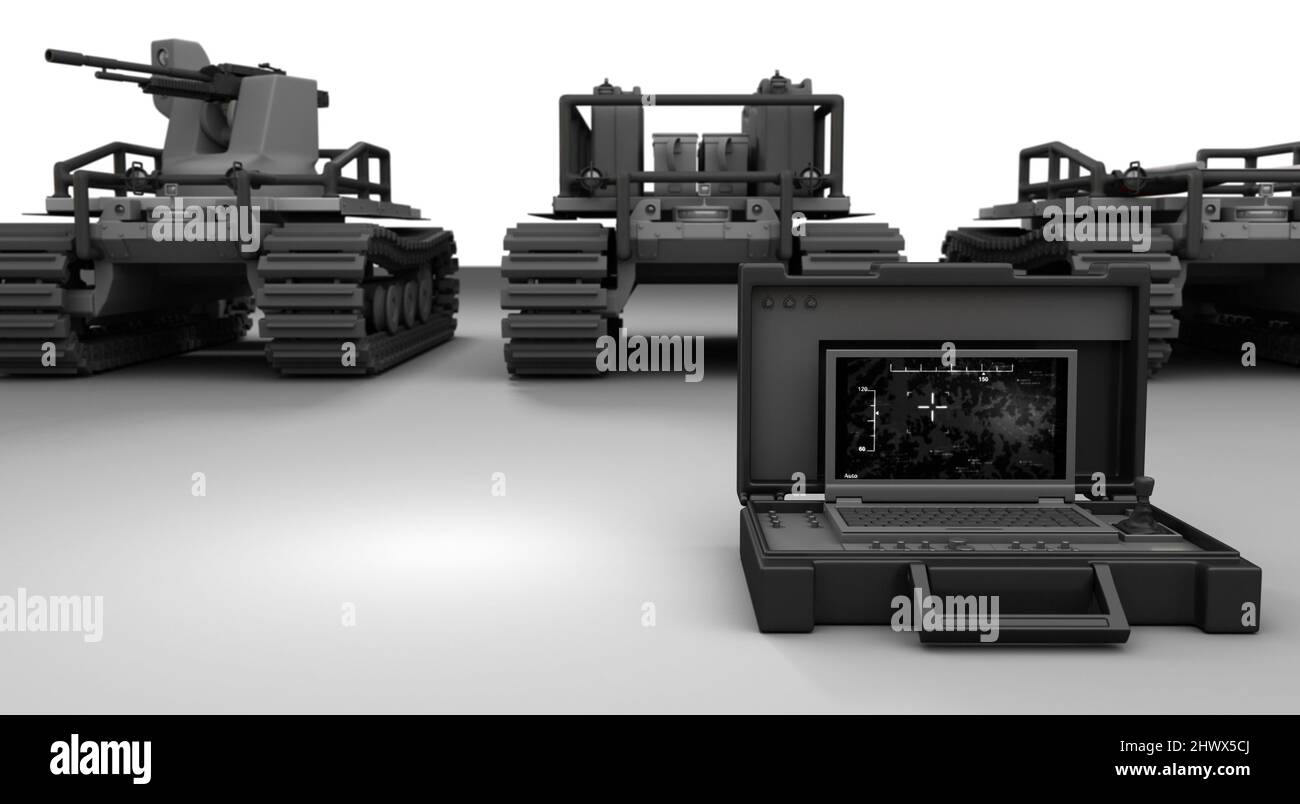 Robot militari e telecomando - rendering 3D Foto Stock
