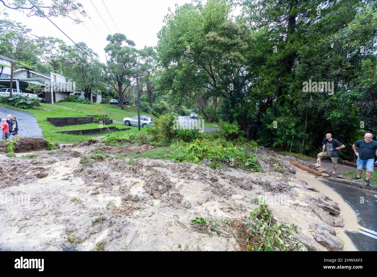 L'altopiano di Bilgola a Sydney, frana causata da forti piogge e tempeste, blocca completamente una strada locale mentre i residenti attendono i servizi di emergenza. Credit Martin Berry @alamy live news.Tuesday 8th March 2022. Foto Stock