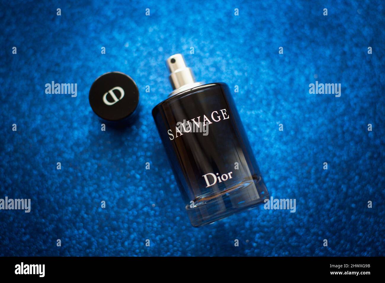 Ternopil, Ucraina - Marzo, 2021: Dior Sauvage Eau De Toilette bottiglia da 60 ml su sfondo blu Foto Stock