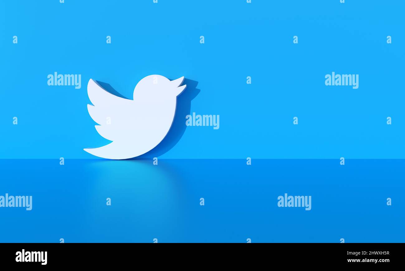 Logo Twitter sullo sfondo blu della parete con ombra dura e spazio per testo e grafica. 3D rendering. Foto Stock
