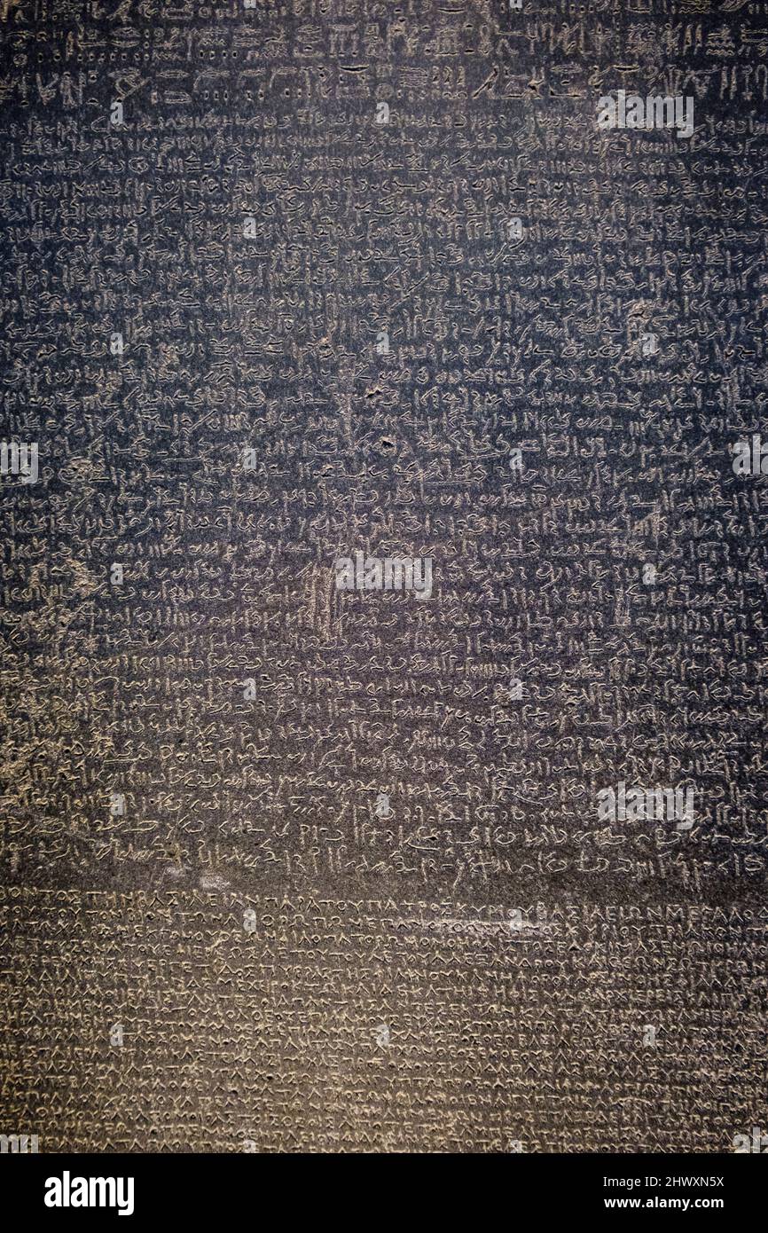 Pietra Rosetta, stele egiziana trilingue, museo britannico, Londra, Inghilterra, Gran Bretagna Foto Stock