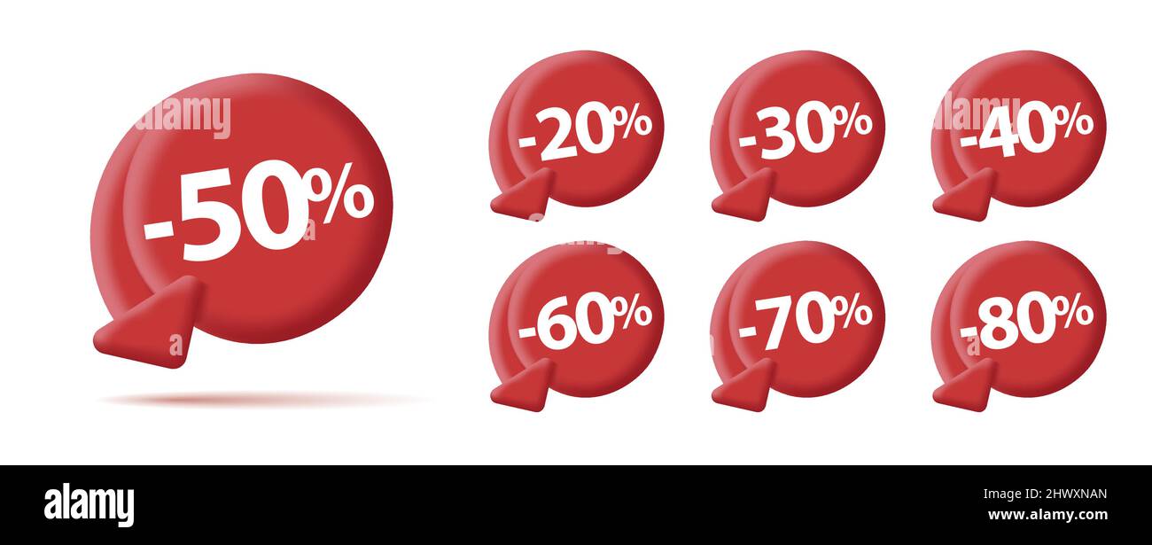Set di etichette rosse digitali per la vendita sconti percentuale, cerchio con la freccia verso il basso per ridurre il prezzo, etichette bolle Illustrazione Vettoriale