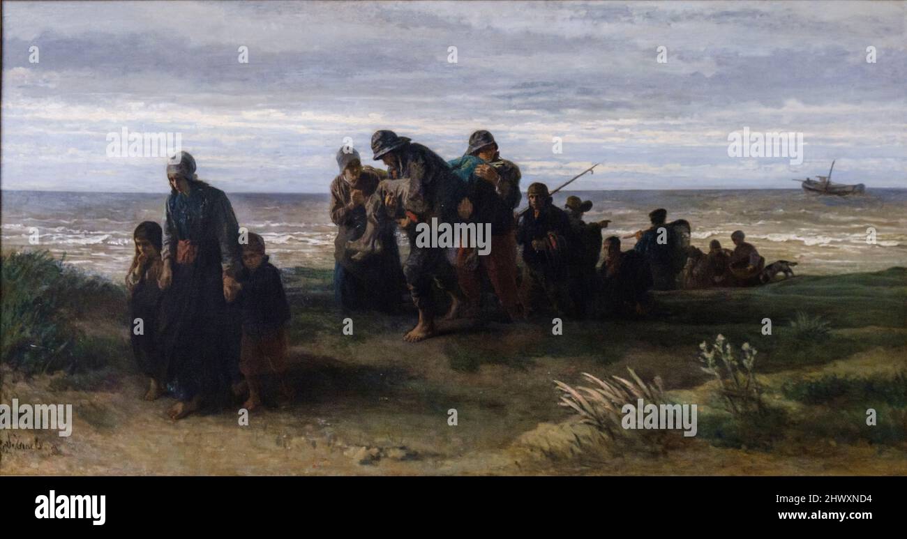 Jozef Israels, pescatori che portano un uomo annegato, 1861, olio su tela, National Gallery, Londra, Inghilterra, Gran Bretagna Foto Stock