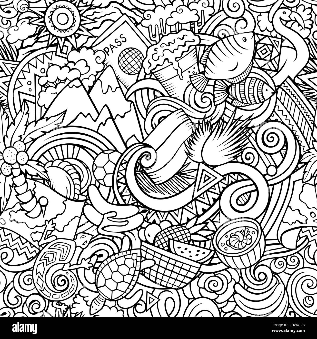 Cartoon Doodles Ecuador modello senza cuciture. Sfondo con simboli e oggetti della cultura ecuadoriana. Disegno sfondo per stampa su tessuto, tessuto, saluto Illustrazione Vettoriale