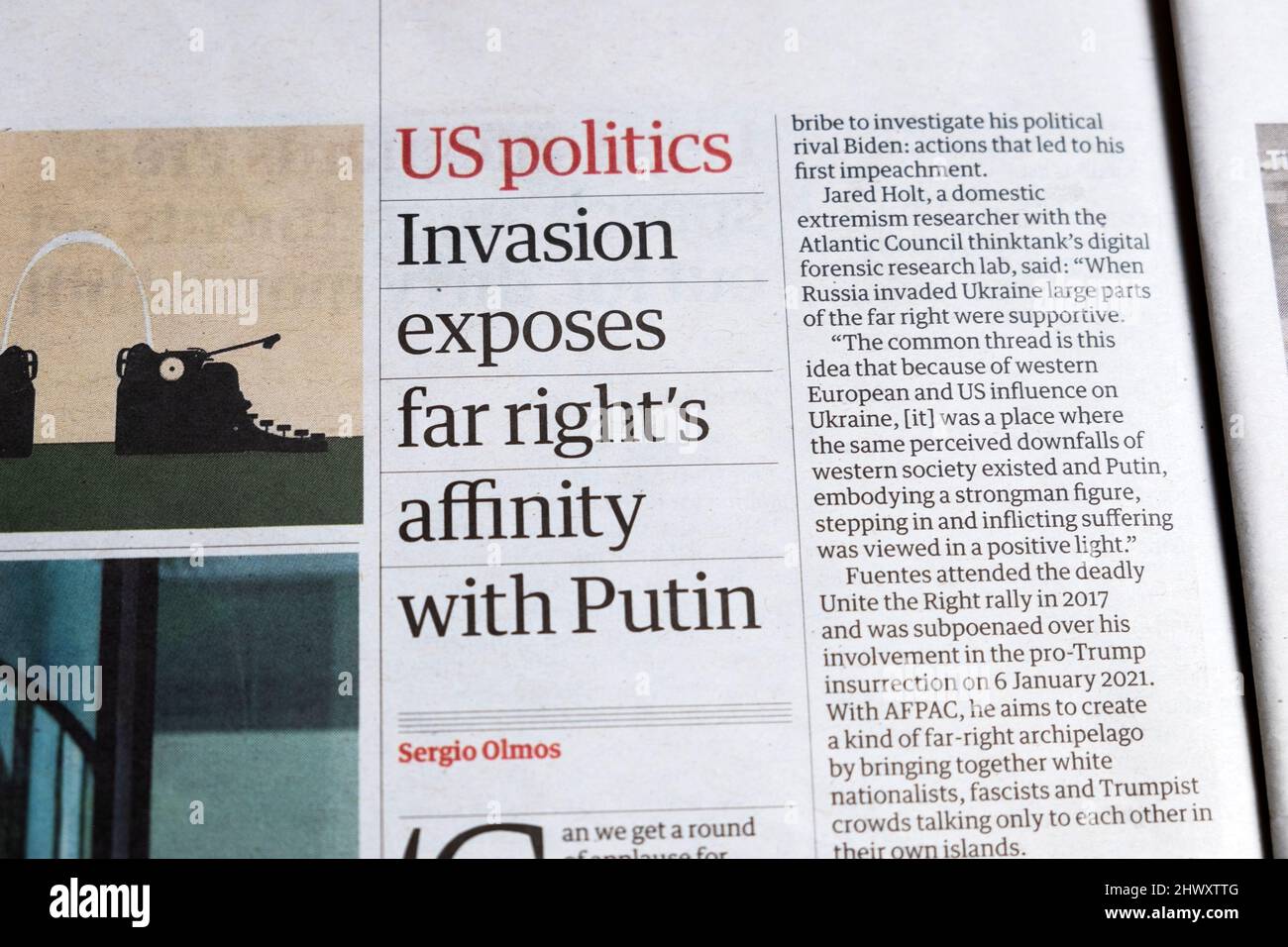 "US politics Invasion espone l'affinità dell'estrema destra con l'articolo di taglio del titolo del giornale Guardian di Putin 5 marzo 2022 Londra Inghilterra Regno Unito Gran Bretagna Foto Stock