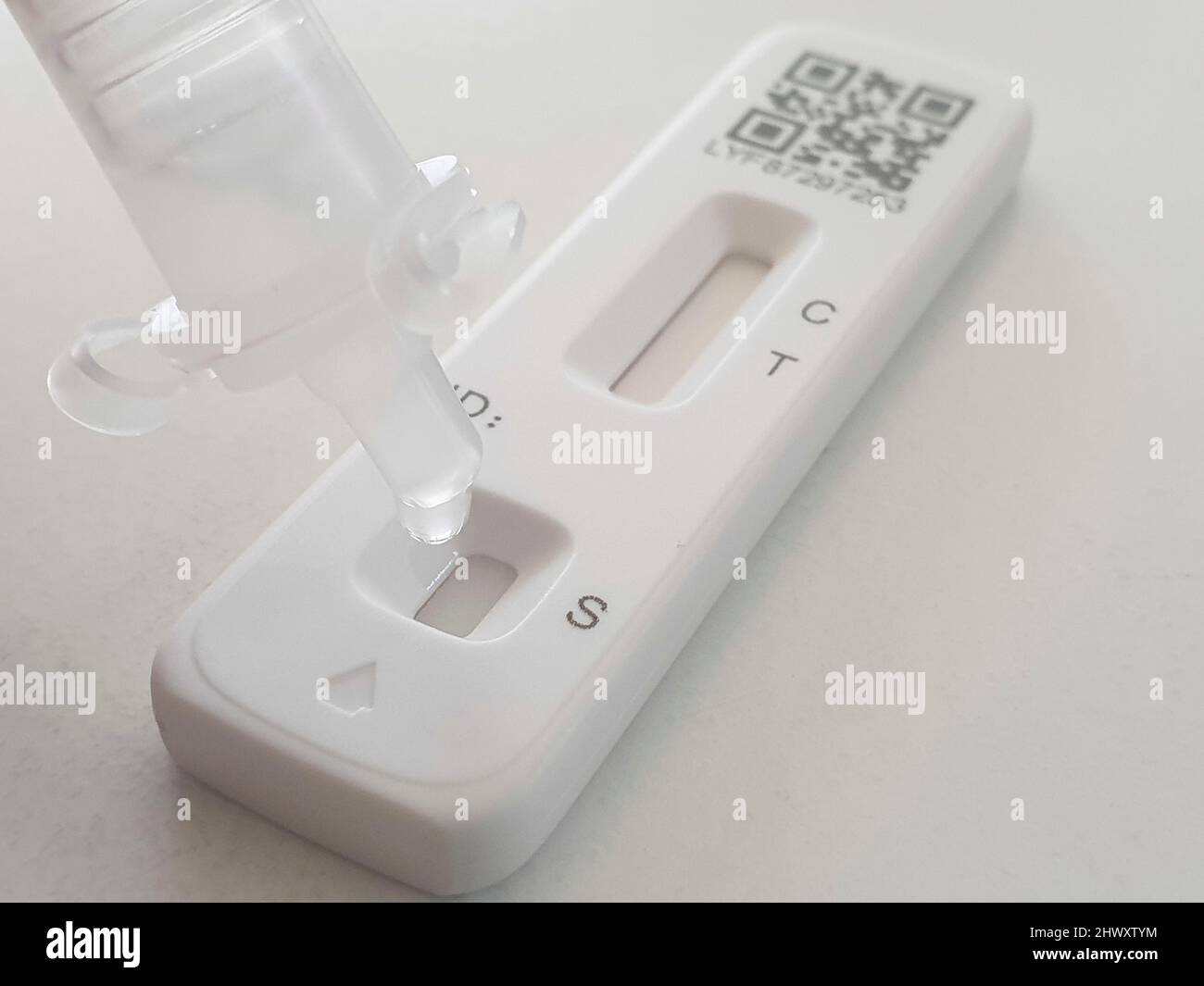 Un campione di tampone covid in soluzione tampone viene fatto gocciolare sulla cassetta di prova di un test FlowFlex Lateral Flow o Rapid Antigen. Foto Stock