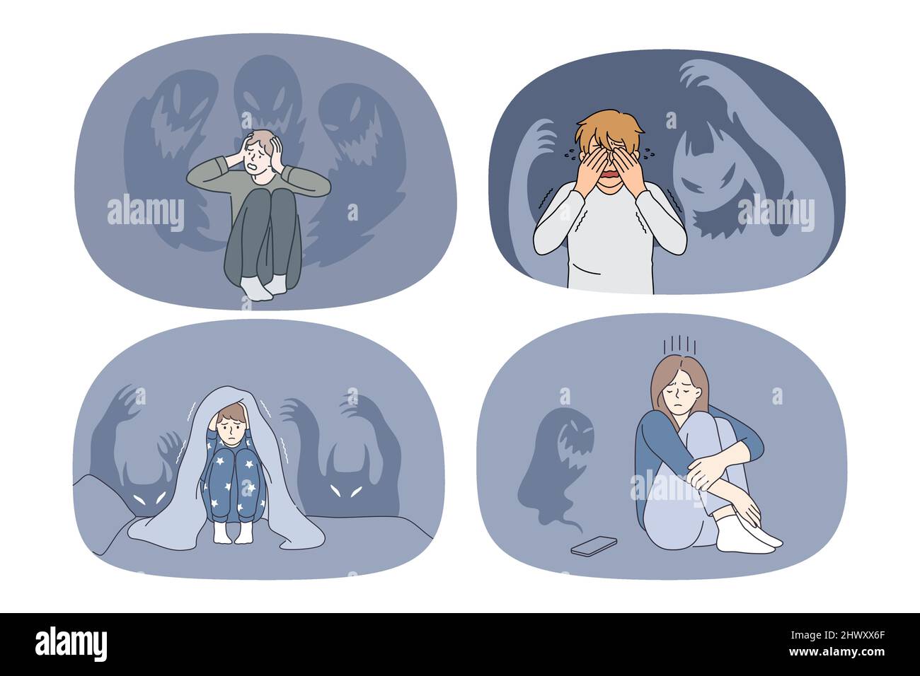 Set di bambini piccoli si sentono spaventati terrorizzati di mostri. Raccolta di persone paralizzate con lotta di paura con attacco di panico o ansia. Problemi mentali o psicologici. Illustrazione vettoriale. Illustrazione Vettoriale