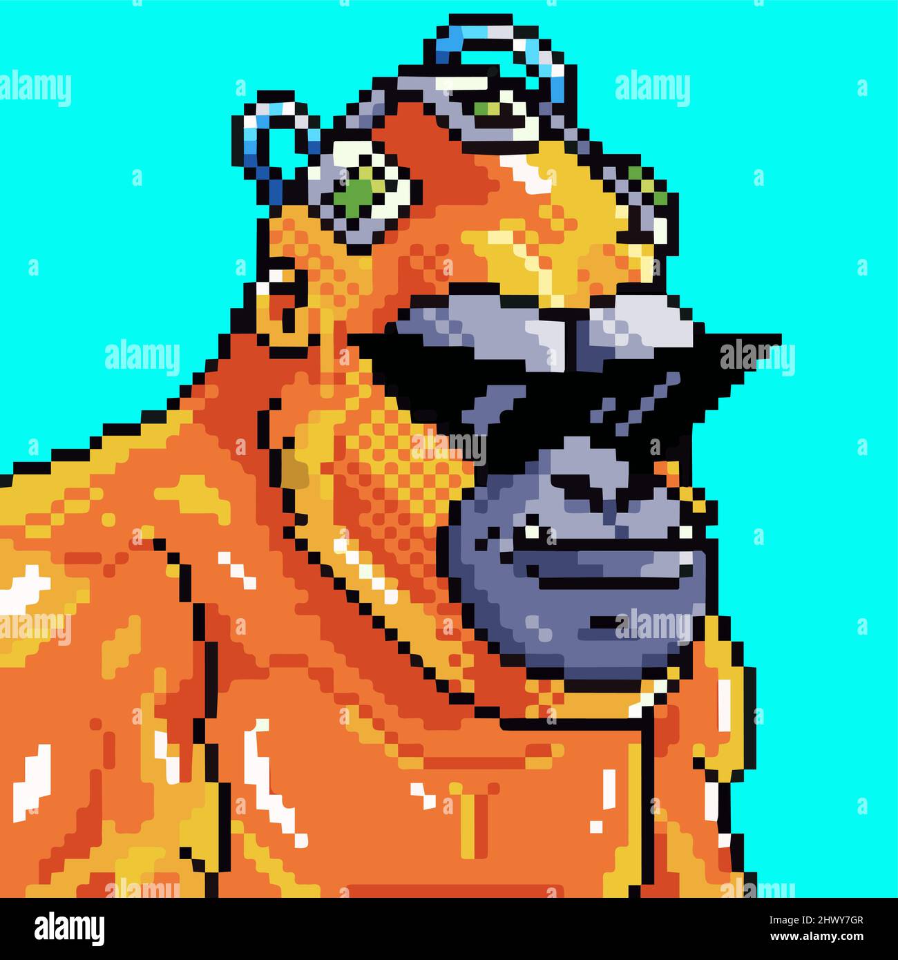 Galactic apes pixel art carattere NFT. costume da gorilla a 16 bit e accessori. Vivace e colorato gioco di animali asset. Illustrazione del vettore avatar Illustrazione Vettoriale