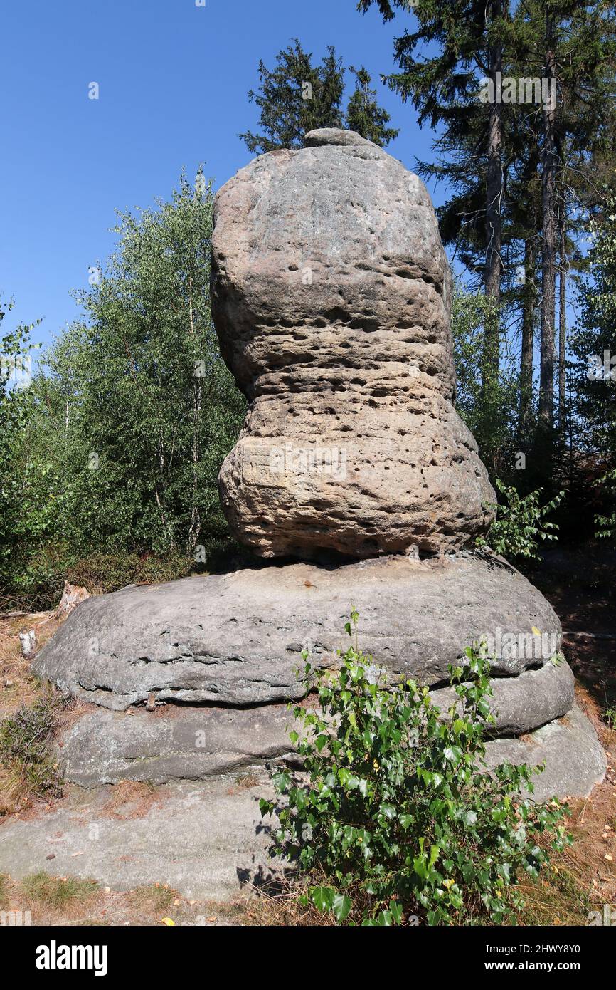 Funghi di pietra - formazione di roccia nelle pareti di Broumov (steny di Broumovske), catena montuosa e riserva naturale, parte delle montagne della tabella nella Repubblica Ceca Foto Stock