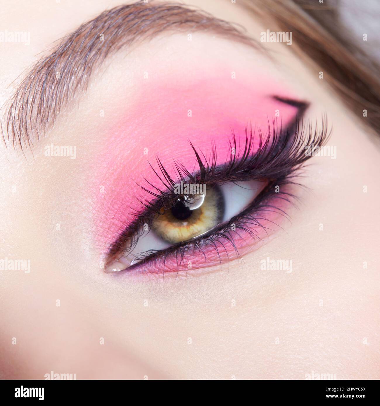 Macro shot closeup dell'occhio umano femminile. Donna con naturale sera Vogue viso bellezza trucco. Ragazza con pelle perfetta e occhi rosa ombre. Foto Stock