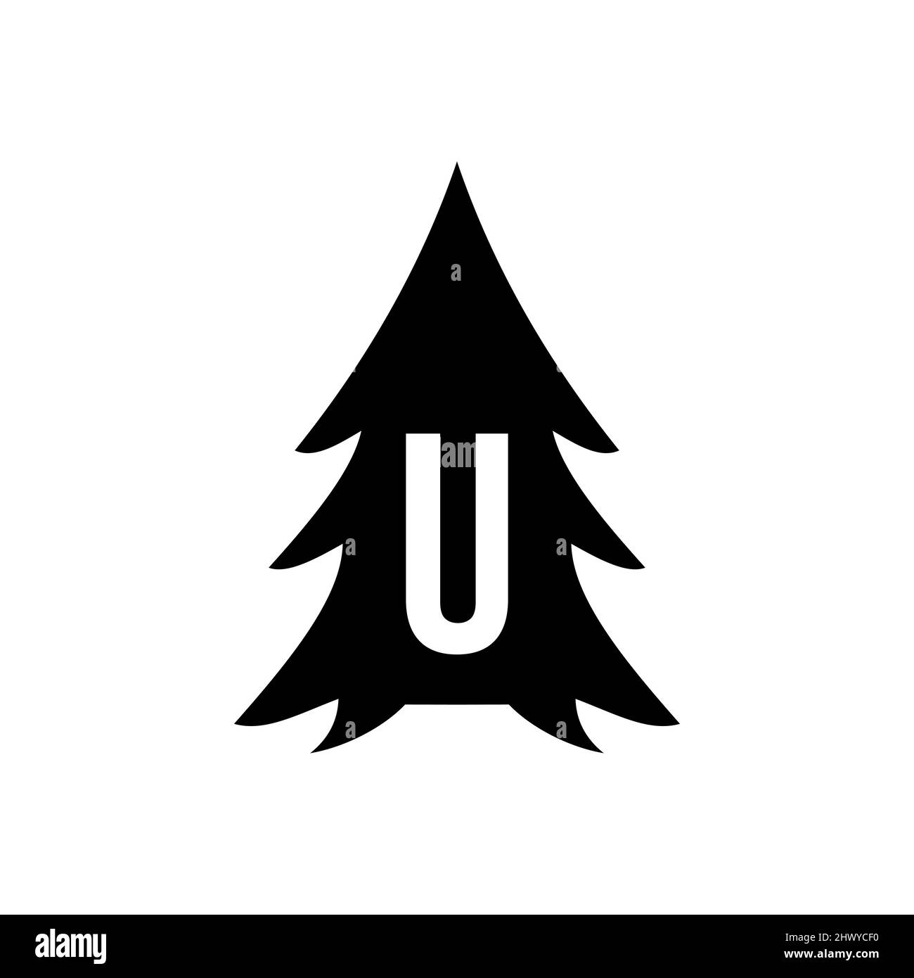 Disegno del marchio del pino albero su modello U della lettera. Pine Tree Hotel Resort Wood Park Logo Design Illustrazione Vettoriale