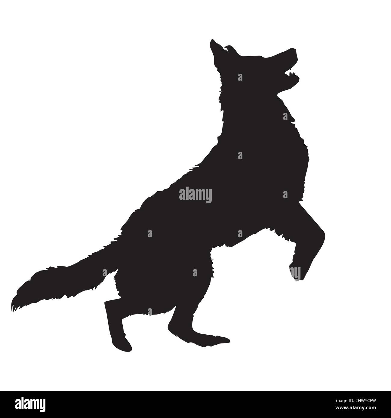 Profilo del cane isolato su sfondo bianco. PET dog jumping nero icona. Simbolo di watchdog. Il cane pastore tedesco dog.Large si alza sulla sua zampa posteriore.Vector Illustrazione Vettoriale