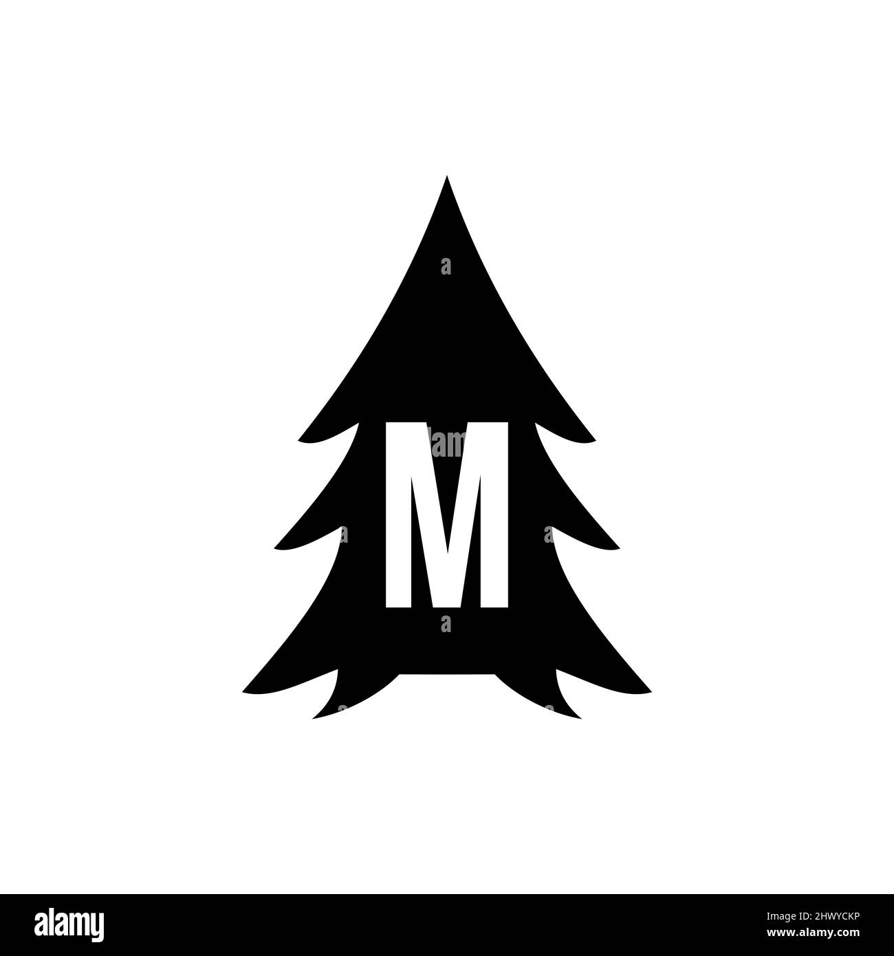 Disegno del marchio del pino albero su modello M della lettera. Pine Tree Hotel Resort Wood Park Logo Design Illustrazione Vettoriale