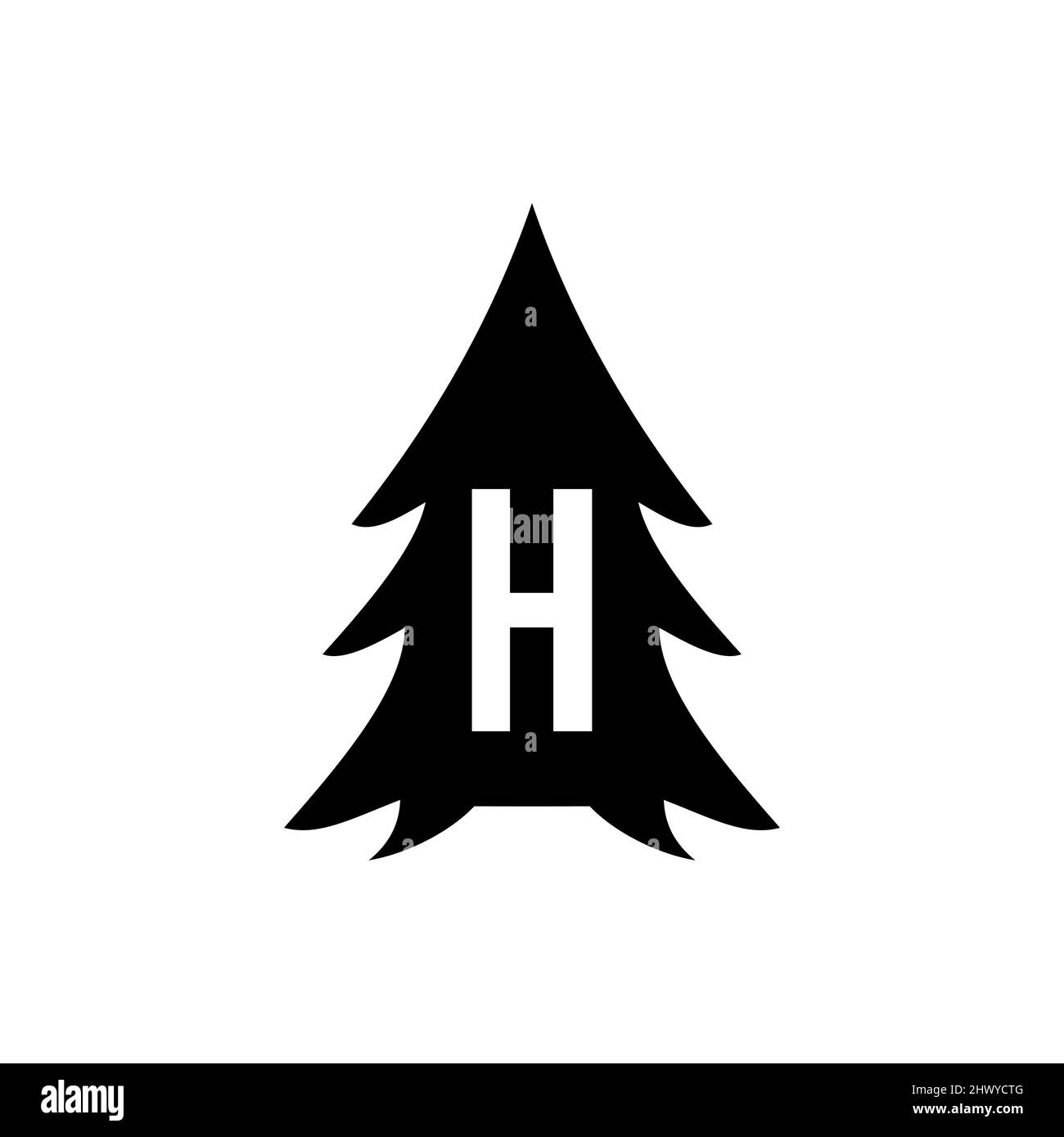 Disegno del marchio del pino albero su modello H della lettera. Pine Tree Hotel Resort Wood Park Logo Design Illustrazione Vettoriale