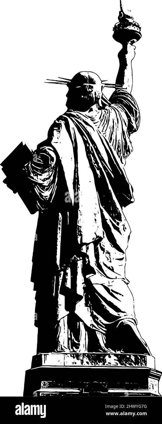 Statua della libertà da dietro, nera su sfondo bianco Illustrazione Vettoriale