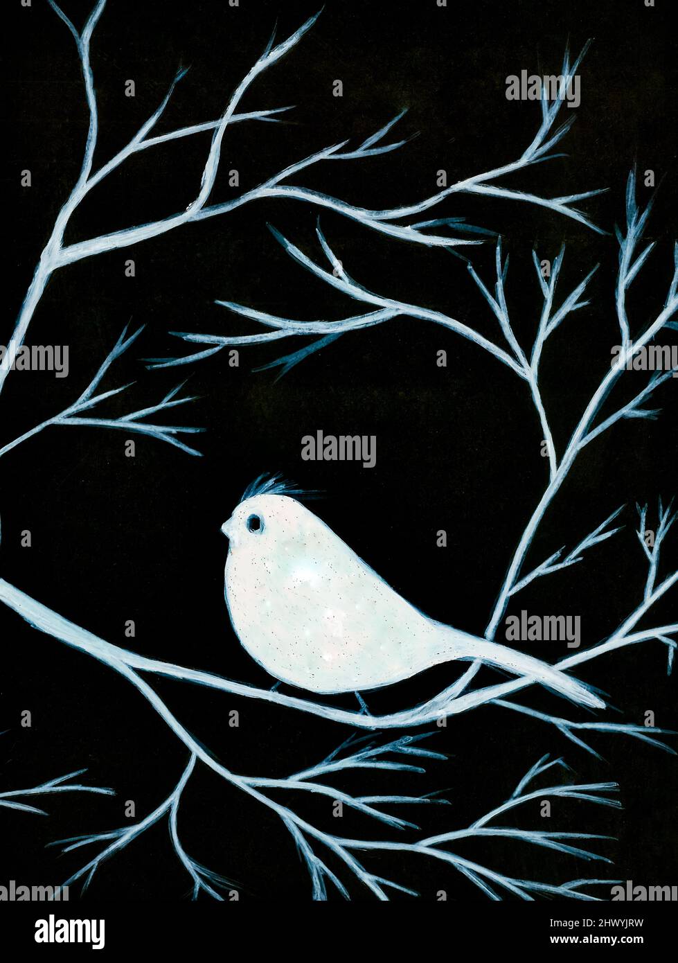 Illustrazione in acrilico. Uccello bianco e rami bianchi su sfondo nero. Dipinto dal fotografo. Foto Stock