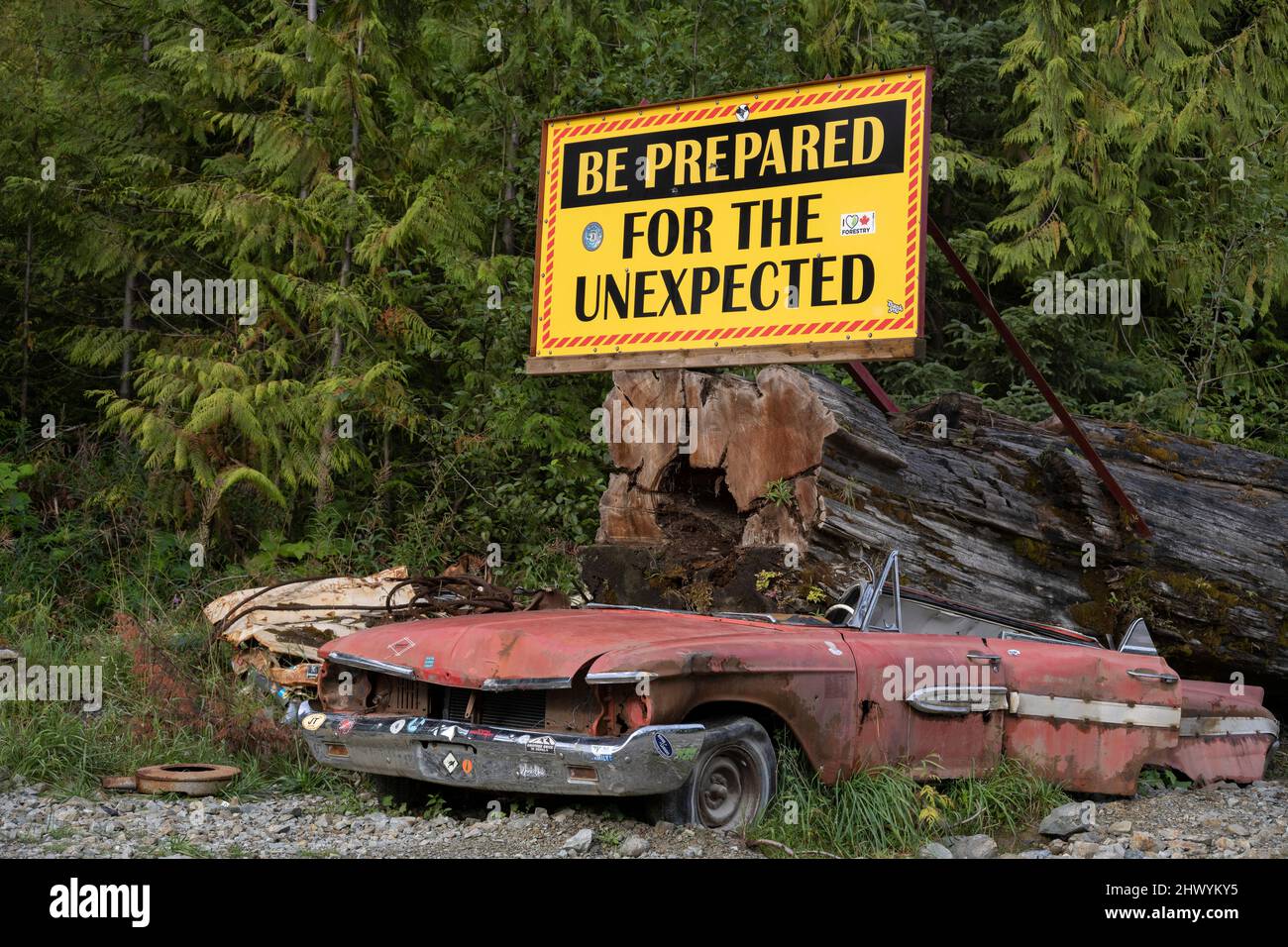 Cartello segnaletico vicino a Port Hardy, Vancouver Island, British Columbia, Canada Foto Stock