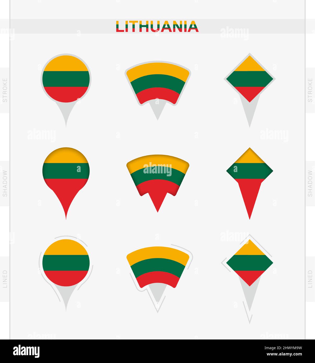 Bandiera della Lituania, serie di icone di localizzazione della bandiera della Lituania. Illustrazione vettoriale dei simboli nazionali. Illustrazione Vettoriale