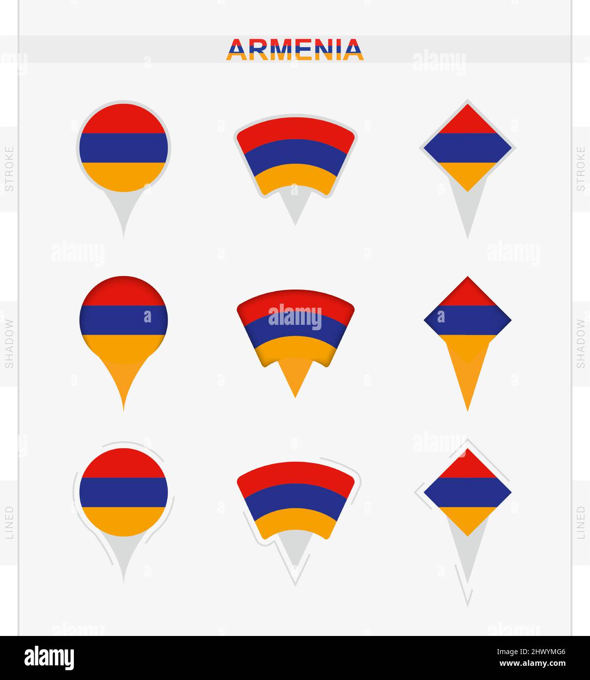 Bandiera dell'Armenia, insieme di icone dei pin di posizione della bandiera dell'Armenia. Illustrazione vettoriale dei simboli nazionali. Illustrazione Vettoriale