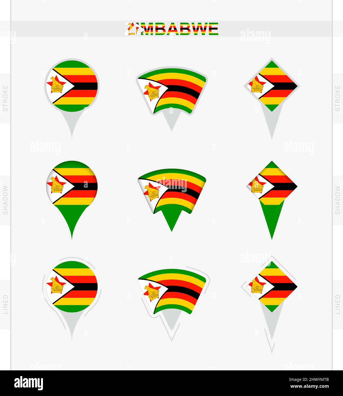 Bandiera dello Zimbabwe, serie di icone di localizzazione della bandiera dello Zimbabwe. Illustrazione vettoriale dei simboli nazionali. Illustrazione Vettoriale