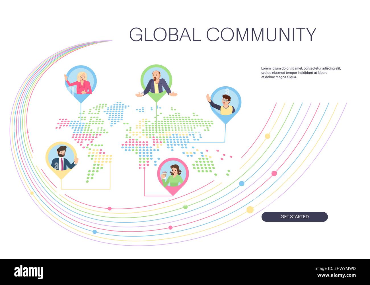 Modello di banner Web con community globali e connessioni di rete Illustrazione Vettoriale