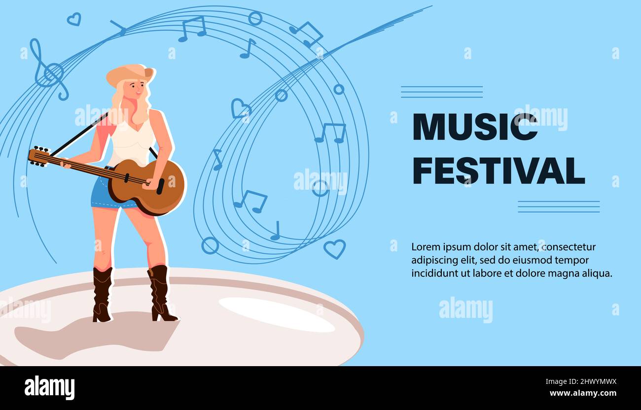 Modello banner sito Web con festival di musica dal vivo. Poster con chitarrista femminile. Illustrazione di Flat Art Vector Illustrazione Vettoriale