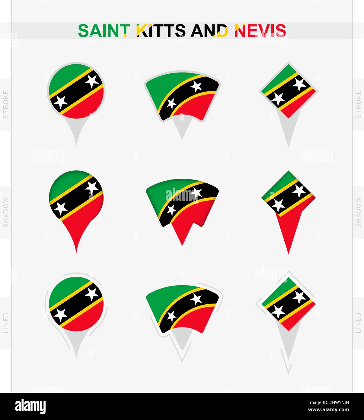 Bandiera di Saint Kitts e Nevis, serie di icone di posizione di Saint Kitts e Nevis bandiera. Illustrazione vettoriale dei simboli nazionali. Illustrazione Vettoriale