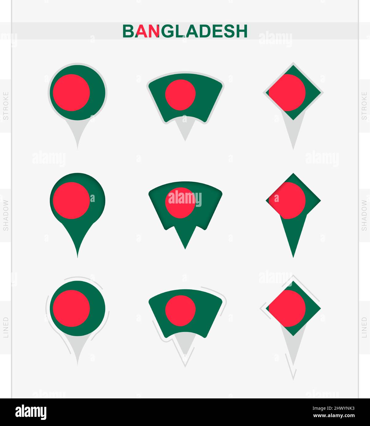 Bandiera del Bangladesh, serie di icone di localizzazione della bandiera del Bangladesh. Illustrazione vettoriale dei simboli nazionali. Illustrazione Vettoriale