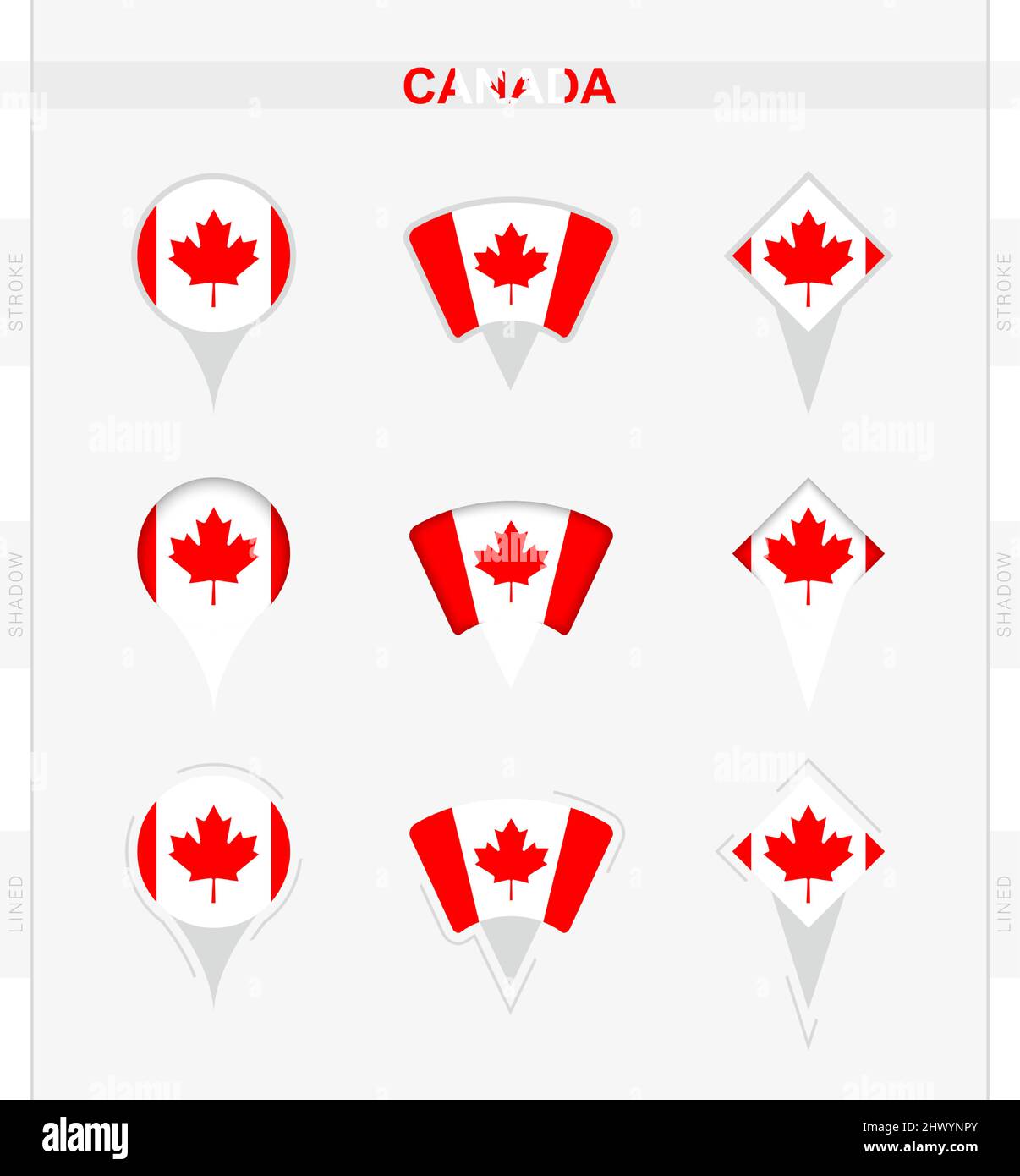 Bandiera Canada, serie di icone PIN di posizione della bandiera Canada. Illustrazione vettoriale dei simboli nazionali. Illustrazione Vettoriale