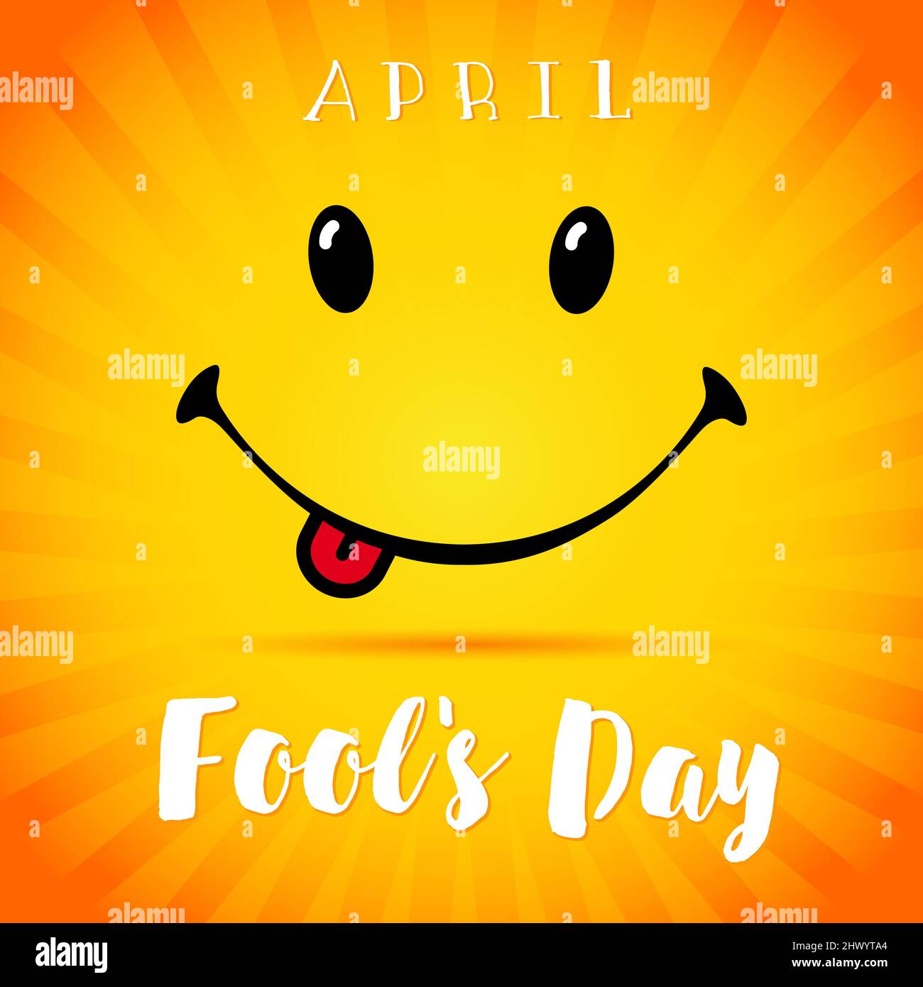 Buon aprile Fool's Day congrats. Biglietto d'auguri giallo sorridente con testo. Modello grafico astratto isolato. Carino concetto di biglietto d'auguri. Callig Illustrazione Vettoriale