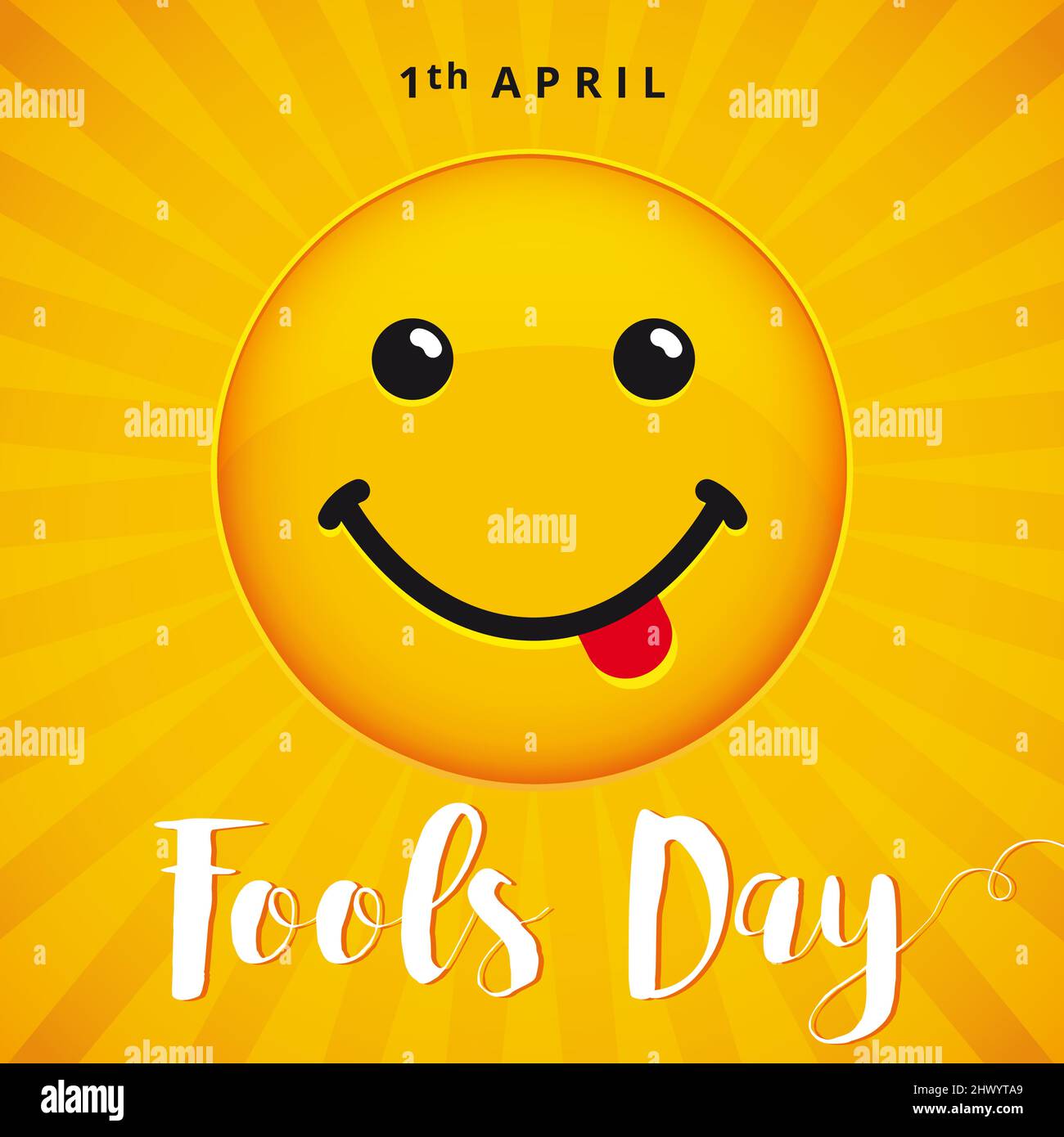 Buon aprile Fool's Day congrats. Biglietto d'auguri giallo sorridente con testo. Modello grafico astratto isolato. Carino concetto di biglietto d'auguri. Callig Illustrazione Vettoriale