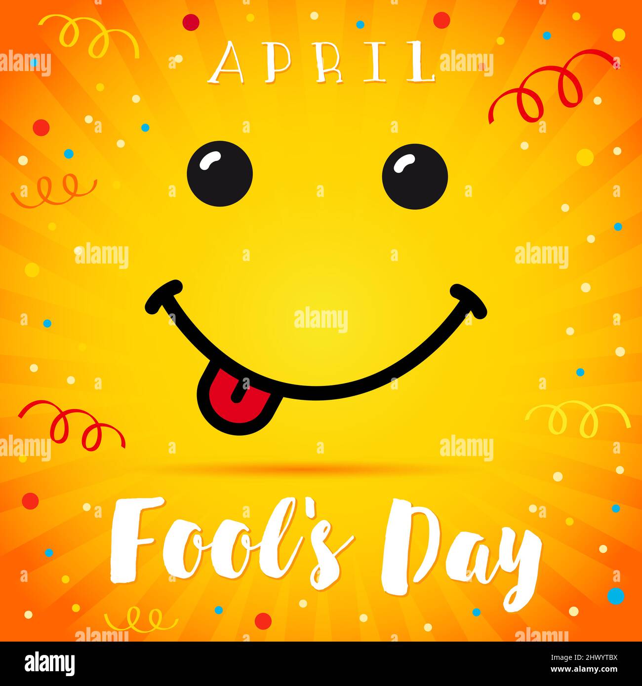 Buon aprile Fool's Day congrats. Biglietto d'auguri giallo sorridente con testo. Modello grafico astratto isolato. Carino concetto di biglietto d'auguri. Callig Illustrazione Vettoriale