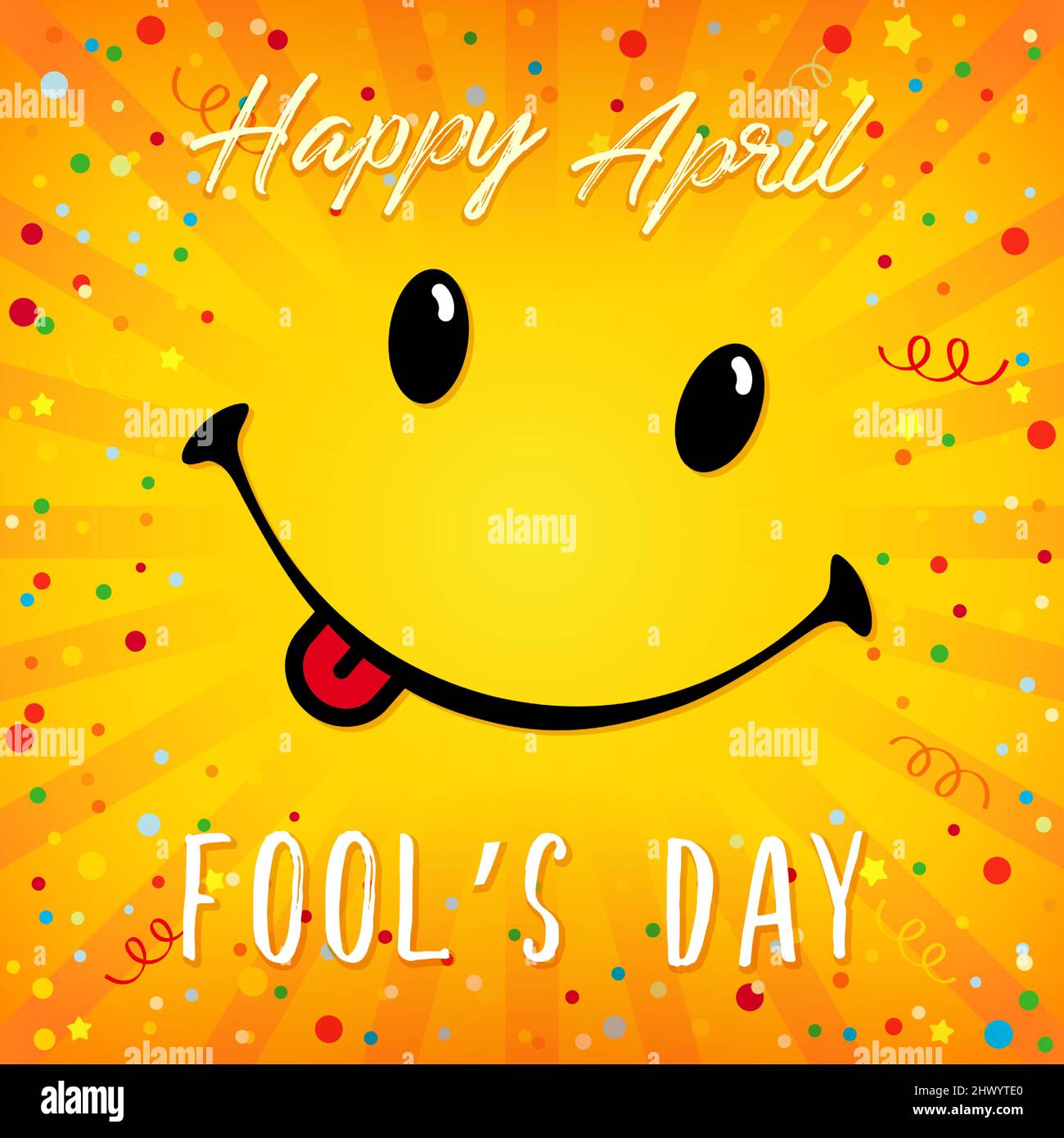 Buon aprile Fool's Day congrats. Biglietto d'auguri giallo sorridente con testo. Modello grafico astratto isolato. Carino concetto di biglietto d'auguri. Callig Illustrazione Vettoriale
